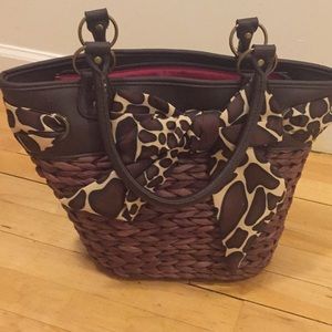 NWOT Brown Straw Basket Purse Leopard Print Scarf